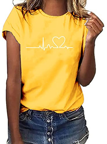 Tshirt Damen Lässige Elektrokardiogramm Druck Oberteile Herzschlagkurve Pullover T-shirt Einfarbiges Basic Shirt Rundhals Kurzarm Sommer Tops Lockere All-Match Tunika Bluse Laufshirt Sportshirt