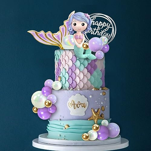 Mermaid Cake Toppers Under the Sea Tail Cake Decorations Gold Purple Pearl Ball for Girl Kid Birthday Party Mermaid Theme Party Baby Shower Supplies (Style 2)