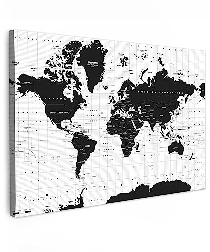 MuchoWow© Bild auf Leinwand Groß 120x80 cm XXL Schlafzimmer Bilder Wand Deko Wohnzimmer Modern Wanddeko Bilderwand Geschenk Weltkarte - Landkarte Welt - Schwarz und Weiß - Atlas - Erde - Bildung