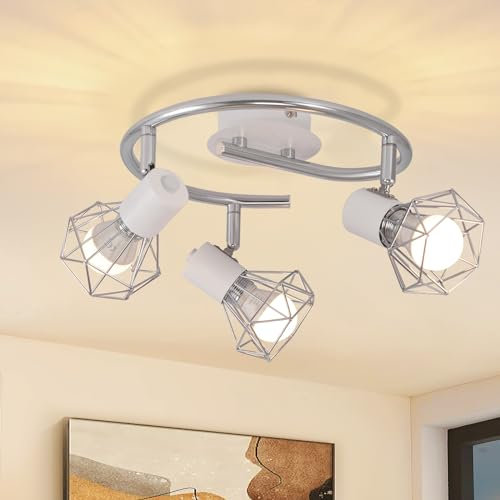 Glitzerlife Deckenstrahler 3 Flammig Rund - Deckenleuchte Deckenlampe Industrial Retro E14 Schwenkbar Weiß Metall Innen für Wohnzimmer Schlafzimmer Arbeitszimmer Flur Küche Keine Leuchtmittel