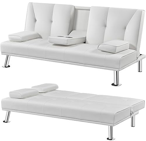 Yaheetech Click Clack Sofa Bed Faux Leather 3 Seater Sofa Couch Living Room/Spare Room/Guest Room Bed Settee with Cup Holders White