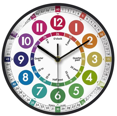 Horloge Murale Apprentissage pour Enfants, Silencieuse Horloge Murale Enfant Éducative Grands Chiffres Colorée Facile à Lire pour Ecole Classe Chambre Enfant, 10 Pouces