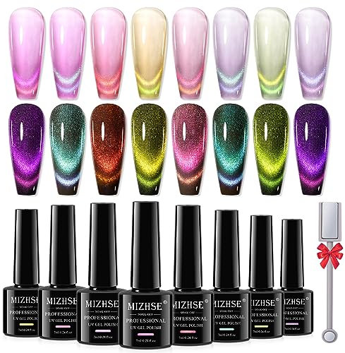 MIZHSE Cat Eye UV Gel Nagellack Set - 8 Farben Cateye Magnet UV Nagellack Glitzer Cat Eye Gel Nail Polish Set Cateye U V Gels Diamond Holografischer Gellack U V mit 1 Magnetstiften