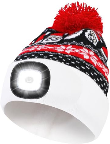 TAGVO Weihnachten Mütze mit Licht, Wiederaufladbare USB Laufmütze Beanie Beleuchtete Mütze mit Licht, Superhelle 8 LED Stirnlampe Winterwarm Strickmütze, Weihnachten Geschenk für Männer Frauen Papa