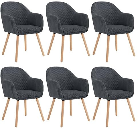 WOLTU Esszimmerstühle 6er Set, Stuhl Esszimmer Esstisch, Küchenstuhl Armlehnstuhl Polsterstuhl, Sessel Wohnzimmer Modern, mit Armlehnen, aus Cord, Massivholzbeine, Dunkelgrau, EZS26dgr-6