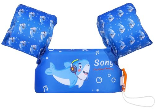MoKo Kinder Schwimmflügel, Cartoon Schwimmende Badeanzug Schwimmtraining Jacke Schwimmflügel mit Schnalle für Jungen Mädchen, 20 bis 50 lb - Blau & Hai