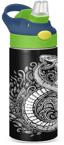 Bouteille d'eau noire et blanche en forme de serpent pour enfants avec paille isotherme en acier inoxydable pour garçons et filles, 350 ml, étanche, sous vide, bouteille d'eau chaude et froide