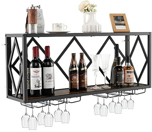 GYMAX Portabottiglie di Vino da Parete, 39 Bottiglie e 12 Bicchieri, con 6 File di Bicchieri, Cantinetta Vino Salvaspazio per Cucina Soggiorno Sala da Pranzo, in Metallo, Stile Industriale