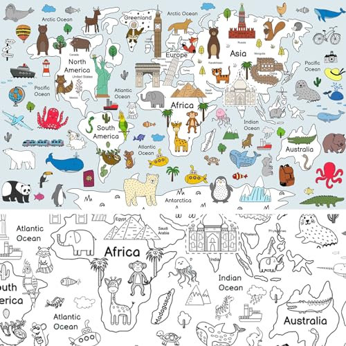 Malpapier Weltkarte Ausmaltischdecke Papier-Tischdecke zum Ausmalen Tischdecke Malerei Poster Zeichnung weltweite Landkarte Ausmaldecke Papiertischdecke Malposter für Kinder und Erwachsene