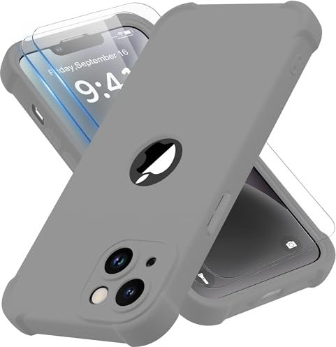 ORETECH Silicone Case for iPhone 14 Plus Case, with [2 x Tempered Glass Screen Protector] [Camera Protection] [Military Grade Protective] 360 Shockproof Thin Slim Fit Rubber Bumper Cover - Space Grey
