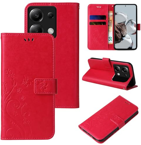 LBH Handy Hülle für Xiaomi Redmi Note 13 5G Case Handytasche Schmetterling Blumen Flower Standfunktion Schutzhülle Magnet Rundum Schutz 360 Grad Flipcase Cover Rot