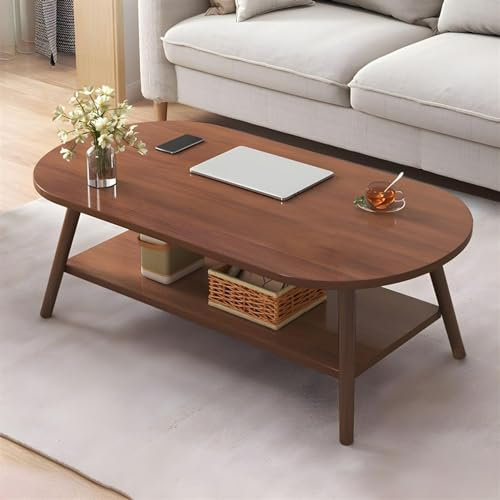Wood Coffee Table Oval Mid Century - 2-Tier Modern Coffee Table with Storage Shelf for Small Apartment Living Room