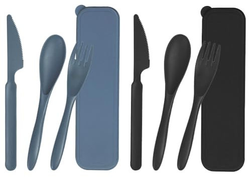 Belegao 2 Set Travel Cutlery Sets, Reusable Camping Cutlery with Case Portable Flatware Knife Fork and Spoon Plastic Utensils Tableware for Adults, Kids, Office, School, Picnic, Daily (Black, Navy)