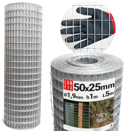 LUN FIX Maschendrahtzaun 1 x 5 m, 50x25 mm Maschenweite, 1,9 mm Stärke | Drahtgitter Verzinkt Für Gehege, Volierendraht Für Vögel, Hasendraht, Kaninchendraht, Hühnerzaun, Maschendraht 100x500 cm