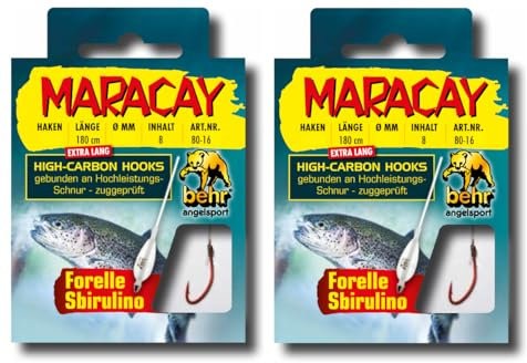 Set: 2 Packungen Behr gebundene Forellenhaken (16 Stück) Mono,extra lang Sbirolino 180cm Spirolino Hakengröße, 4, 6, 8 je nach Auswahl Sbirulino Haken + gratis Petri Heill! Aufkleber (Hakengröße 6)