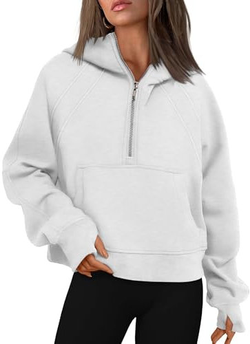 Famulily Women's Hoodies Long Sleeve Sweatshirts Casual Lapel V Neck Crop Winter Coats with Thumb Hole White S