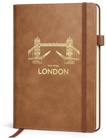 Premium A5 Thermo PU Leather Journal Notebook, London Souvenir Skyline Brown Notebook, 192 Pages, Pen Loop, Rear Pocket & Bookmark, London Eye, Big Ben & Tower Bridge Travel Notebook, Brown