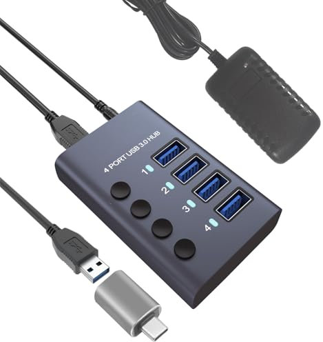 Balabaxer 4-Port Aluminium USB 3.0 Hub with 4-Port Data Transfer, 36W (12V/3A) Power Adapter, USB Splitter with Individual Switches