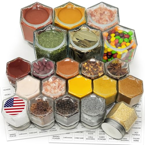 Magnetische Gewürzgläser-Kombination 21er-Set (6 große 4 oz + 15 kleine 2 oz) Kühlschrank Sechseck Glas Gewürzgläser Magnetischer Deckel Shaker Gewürzetiketten Magnetische Glas Gewürzbehälter für RV
