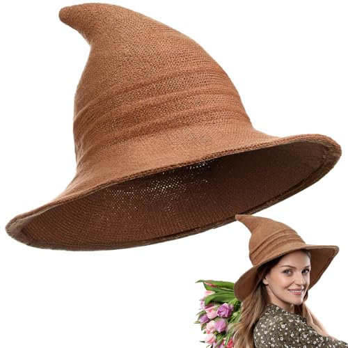 Boyiee Gestrickt Hexe Hut Breitkrempe Gestrickte Mütze Halloween Hexenhut Faltbare Zipfelmütze für Damen Halloween Cosplay Kostüm Maskerade Zubehör(56–58 cm,Karamell,1 Stück)