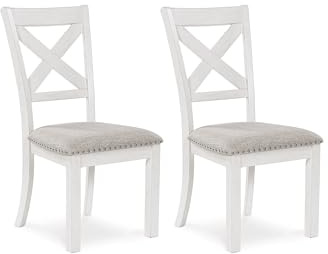 Signature Design by Ashley Robbinsdale Casual Upholstered Solid Wood Dining Chair with Nailhead Trim, Set of 2, White & Light Gray