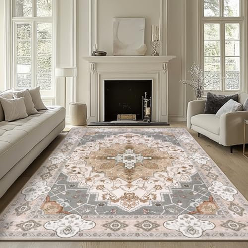 BSGIFT Teppich Wohnzimmer 140x200, Waschbare Orientalischer Teppich Beige Vintage Kurzflor Groß Teppiche für Schlafzimmer Esszimmer rutschfest Boho Wohnzimmerteppich