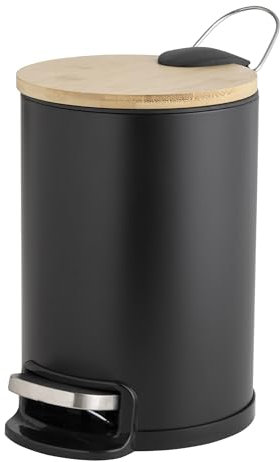 Douceur d'Intérieur, Poubelle de Salle de Bain (3 l) Mobelle Noir, Métal Uni et Bambou