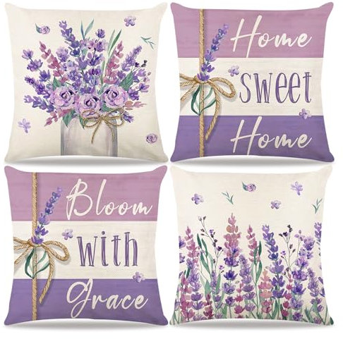 DZAY Osterdeko Kissenbezug Frühlingsdeko Innen Kissenhülle Frühling Deko Kissen Grün,Sommer Deko Innen Lila Lavendel Wurf Kissenhülle 18x18,Lavendel Bauernhaus Sofa Kissen Sommer Home Decor (Lila)