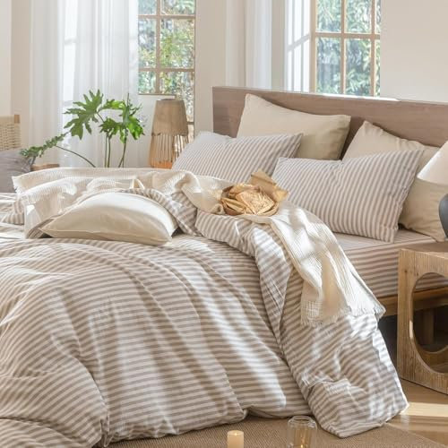 Lanqinglv Bettwäsche 200x200 Baumwolle Gestreift Beige Weiß,100% Renforce Baumwolle Bettwäsche Set mit Reißverschluss,ÖKO-TEX Bettwäsche für Allergiker Geeignet,1 Bettbezug & 2 Kissenbezug 80x80 cm