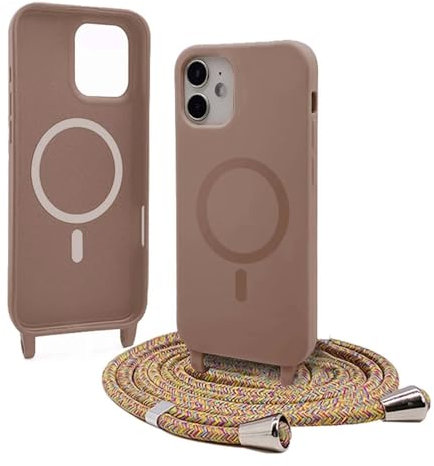 Bigcousin Handykette für iPhone 12 Mini Hülle mit Band,Magnetisch kompatibel mit Magsafe,Silikon Necklace Handyhülle mit verstellbar und abnehmbar,Braun