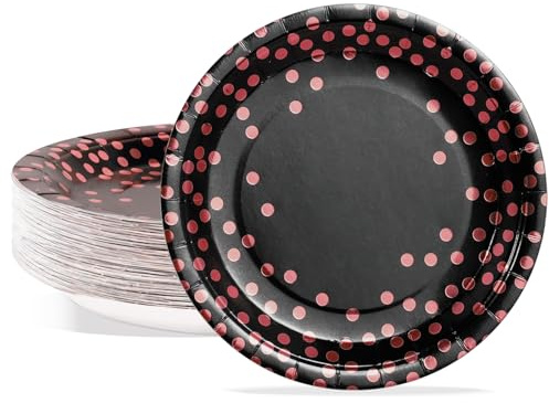 PYAILI Stoviglie per Feste Nero e Oro Rosa 50 pezzi Piatti di Carta per Feste in 18 CM Piatti Carta Getta Rotondi per Compleanno