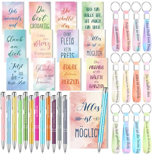 Clabby 36 Stück Inspirierendes Geschenkset Inspirierende Notizblöcke mit Spruch 12.4 x 8cm Einziehbarer Kugelschreiber Silikon Schlüsselanhänger Farbtagebuch Notizbuch Schule Büro Partyzubehör(Hell)