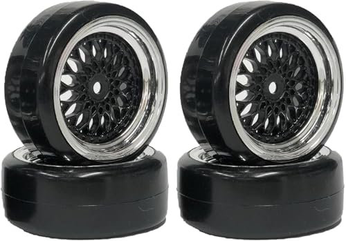 SUAVER 4Stück 1/10 RC Auto Reifen und Räder Set, 63mm RC Felge Hart Drift Kunststoffbeschichtung Rad Reifen Felgen für 1:10 RC On Road Run-Flating Racing Car für HSP HPI (Schwarz Silber, Offset:3mm)