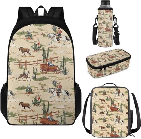 Aplkyhs Ensemble sac à dos et boîte à déjeuner pour adolescents, garçons, sacs à dos d'école, trousse à crayons, pochette pour bouteille d'eau, Ranch, taille unique