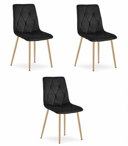Best For Home| Esszimmerstühle | 3er Set schwarz | Samtstühle mit Holzbeinen| Bequeme Küchen-, Wohnzimmer & Schlafzimmer Stühle Moderne Polsterstühle | Stilvolle Stühle für Esstisch & Küche