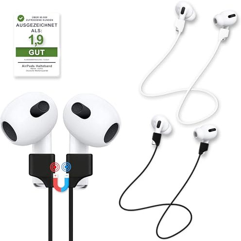 rootful.® Essentials – correas blancas para AirPods 1–4 y Pro. Ideales para deporte. Sujeción segura. Accesorios prácticos para uso diario y actividades activas (1 x negro + 1 x blanco (magnético))