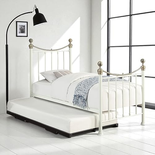 OAT Home Hampstead Victorian Single Metal Bed Frame with Guest Trundle in White/Black with Polished Antique Brass Detail (White)
