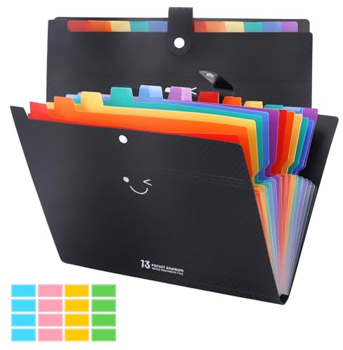 MAIJIAJU 2 Stück Fächermappe A4, 13 Taschen Dokumentenmappe, Mit Bunten Etiketten Und Druckknopf, Erweiterbar Ordner Organizer, Wasserdicht Für Schule Büro Und Zuhause, Schwarz