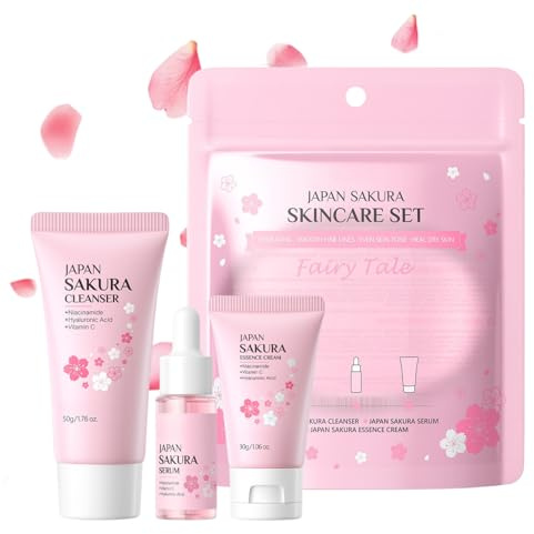 3 Stück Sakura Skincare Set,Japanese Skin Care Set mit Gesichtsreiniger,Gesichtsserum & Gesichtscreme,Geschenke für Teenager Mädchen,Anti Aging Gesichtspflege Set Damen Set,Reisegrößen Hautpflege Set