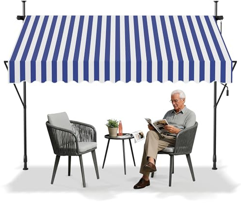 VA-Cerulean Klemmmarkise, Markise Sonnenschutz Balkon Ohne Bohren, Balkonmarkise Höhenverstellbar UV-beständig, Wasserabweisend mit Handkurbel (250cm Breit, Blau Weiße Streifen)