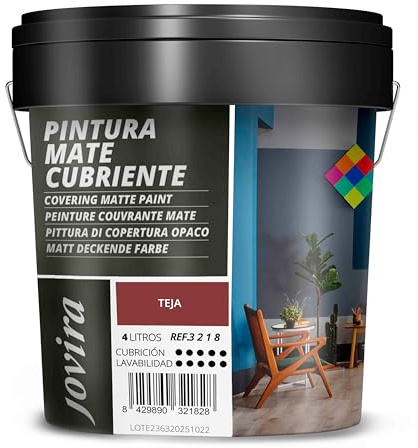 JOVIRA PINTURAS Pintura Mate Cubriente | Colores | Pintura interior-exterior con excelente poder cubriente. (4 Litros, Teja)-T