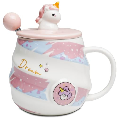 Mugtide La Tasse à Café Licorne, Une Adorable Tasse en Céramique 3D Avec Couvercle Et Cuillère, Tasses à Café Adaptées Aux Filles Et Aux Garçons, Est Le pour Vos Proches, 480 ML (Rose)