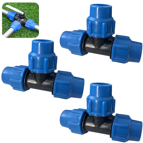T-Stück PE Rohr Fitting 25mm x 25mm x 25 mm, DVGW-zertifiziert für Trinkwasser – 3er-Pack PP Klemmverbinder, Kompatibel mit PE80 und PE100 Rohren, für Bewässerungssysteme und Gartenschläuche