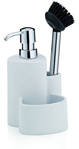 kela 12080 Seifenspender mit 2 Aufbewahrungsfächern, 350 ml, Keramik, Spülstation Purana, Weiß, 11 x 10 x 22 cm