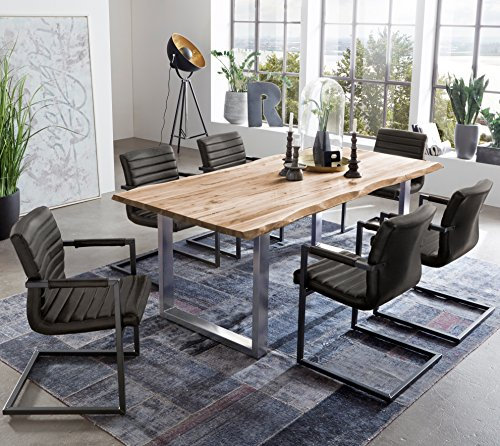 SAM 7 TLG. Essgruppe Quintus, Baumkantentisch 160x85 cm, Akazie-Holz naturfarben, Gestell Silber, 6X Schwingstuhl Parzivo anthrazit