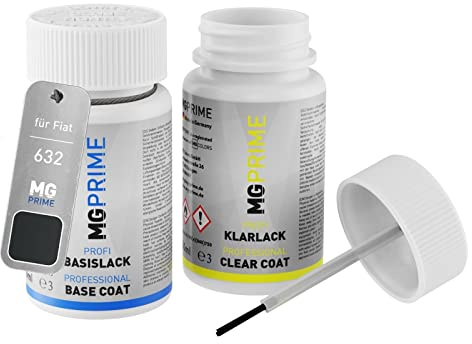 MG PRIME Autolack Lackstift für Fiat 632 Nero Tenore Metallic + Klarlack | Tenore Schwarz Metallic, Set aus Basislack + Klarlack, Lackfläschchen mit Pinsel, je 50ml