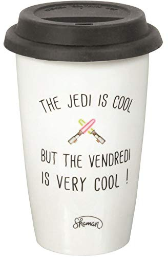 Le Fabuleux Shaman 39-2X-502 Mug Take away The Jedi is cool but the Vendredi is very cool Blanc couvercle noir Porcelaine et silicone D10 x H15 cm