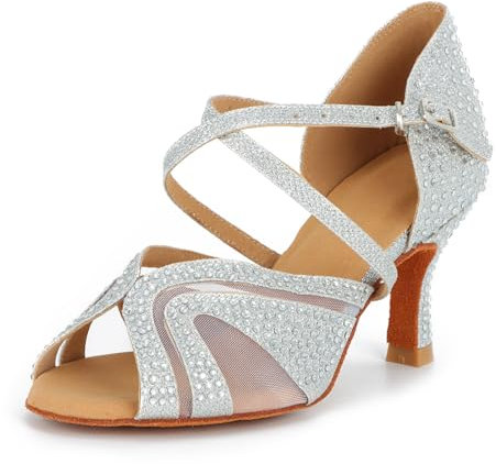 Syrads Zapatos de Baile Latino para Mujer Salsa Tango Bachata Vals con Pedrería Zapatos de Baile de Salón Suela Blanda 1050