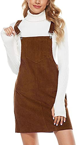 Hooever Women's Cute Corduroy Overall Bib Dress Pinafore Suspender Dress Skirt Jumper（Brown-L）