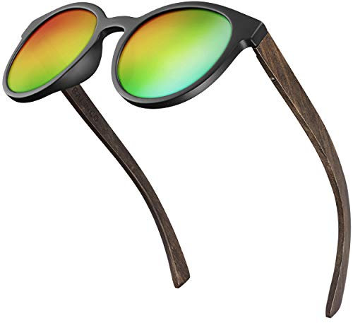 Balinco® Bambus Sonnenbrille mit runden, polarisierten Gläsern - im praktischen Zubehör-Set inkl. Geschenke-Box - mit UV400 Schutz & TAC-Linsen - für Damen & Herren geeignet (Regenbogen verspiegelt)
